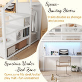 Full Loft Bed with Desk and RGB Light, Metal Loft Bed Frame with Stairs and Bedside Shelf, Heavy-Duty Lofts Beds with Storage Shelves and Wardrobe for Kids Teens, White Mirightone