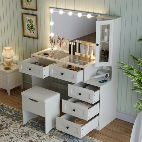 Diwnnue Farmhouse Mirror Large Vanity Desk with LED Bulbs, Makeup Vanity Table Set with Glass Tabletop, Charging Station & Power Outlet, Adjustable Lighting Modes, Bedroom, White Diwnnue