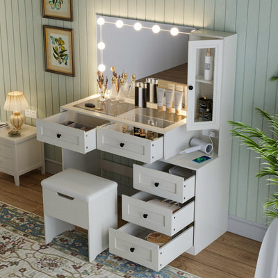 Diwnnue Farmhouse Mirror Large Vanity Desk with LED Bulbs, Makeup Vanity Table Set with Glass Tabletop, Charging Station & Power Outlet, Adjustable Lighting Modes, Bedroom, White