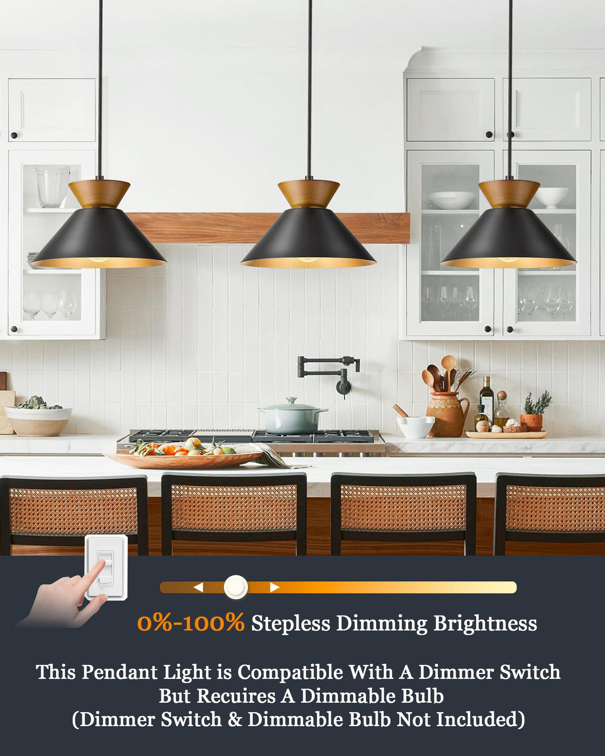 ELYONA Modern Pendant Light Kitchen Island, 10" Solid Wood Hanging Lamp with Matte Black Metal Shade & Gold Inner Finish, Farmhouse Pendant Light Fixtures for Dining Room Bedroom Living Room Hallway ELYONA