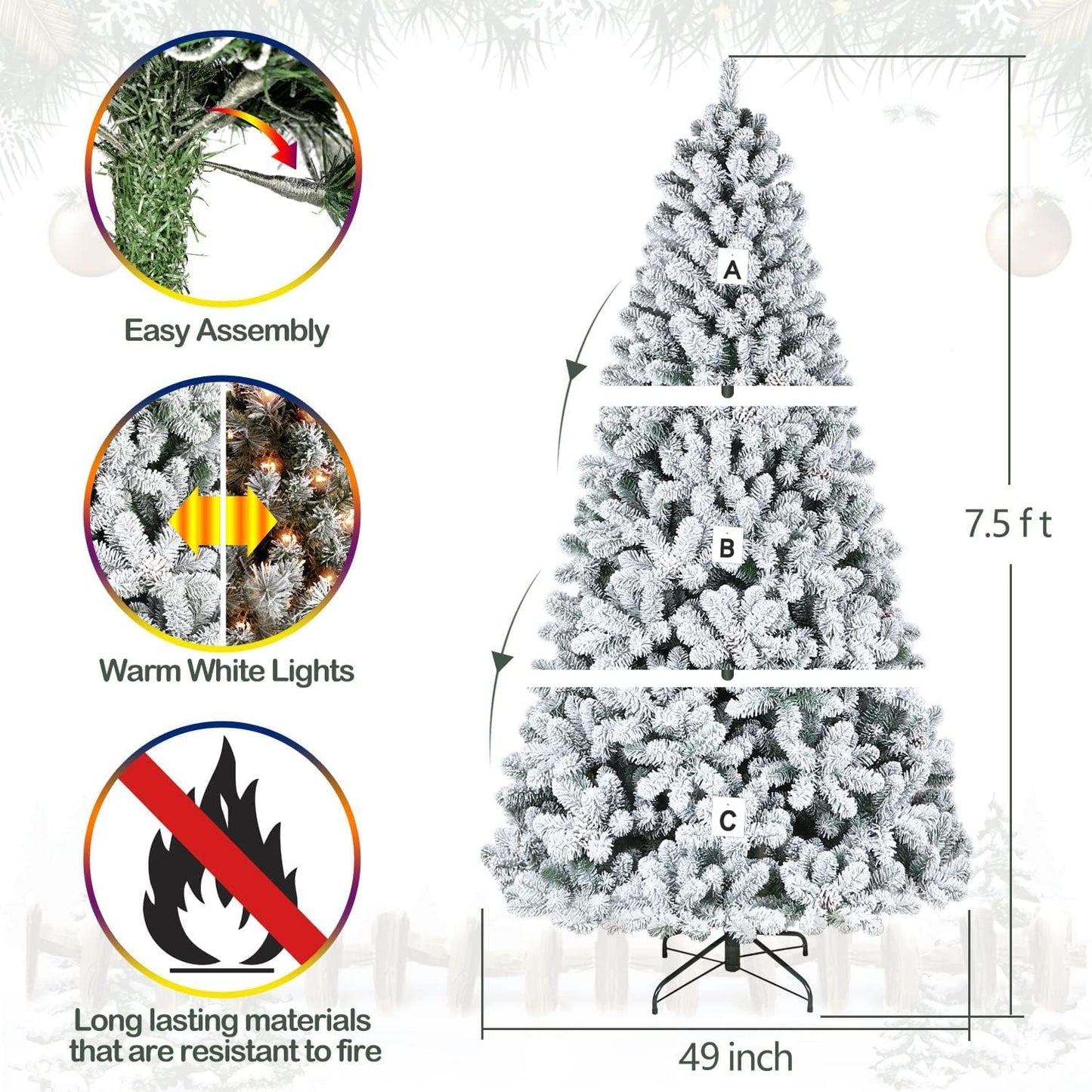 Hykolity 7.5 ft Snow Flocked Christmas Tree with Pine Cones, Artificial Christmas Tree wih 450 Warm White Lights, 1446 Tips, Metal Stand and Hinged Branches