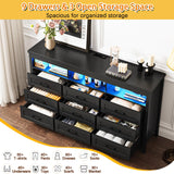 Hlivelood Farmhouse 9 Drawer Dresser with LED Lights, 63" Wide Large Chest of Drawers for Bedroom, Modern Wood Dresser Storage Organizer with Charging Station for Living Room, Bedroom, Hallway, Black Hlivelood