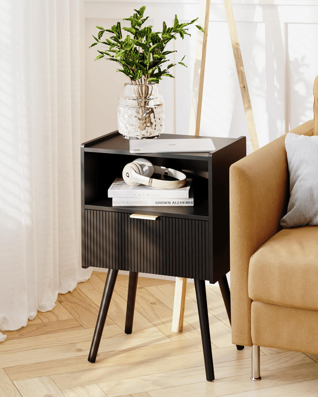 JOONEE Black Nightstand,Modern Bedside Table with Storage Drawer and Open Wood Shelf, for Living Room, Bedroom and Small Spaces, Accent Night Stand with Solid Wood Legs, Easy Assembly,Classic Black JOONEE