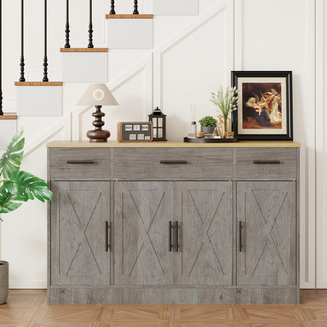 Shintenchi Sideboard Buffet Cabinet with Storage,53.4" Large Kitchen Buffet Storage Cabinet with 3 Drawers and 4 Doors,Wood Farmhouse Sideboard with Adjustable Shelf for Kitchen, Living Room,Grey Shintenchi
