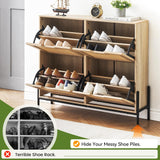 IDEALHOUSE Rattan Shoe Storage Cabinet with 4 Flip Drawers, Freestanding Shoe Organizer with Adjustable Shelves for Entryway, Narrow Shoe Rack Cabinet, Farmhouse Slim Shoe Cabinet, Oak IDEALHOUSE