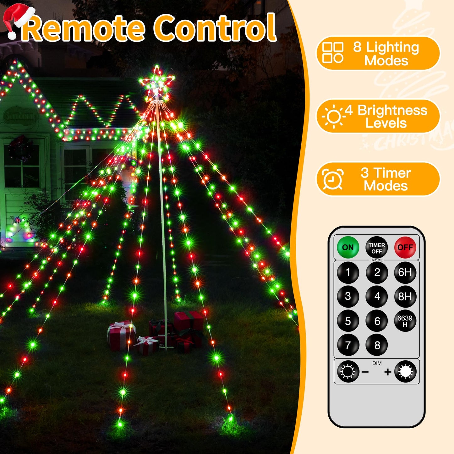 Ollny Christmas Lights Tree Red&Green 340LED with Topper Star, IP67 Waterproof Remote Control Waterfall Lights with Pole, 8 Lighting Modes Timer Dimmable Christmas Decorations Outdoor Yard Garden Lawn