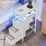 TRIFEBLE End Table with Charging Station, Narrow Side Table with 3 Fabric Drawers, Skinny Nightstand with LED Light, Slim Bedside Table for Bedroom, Living Room, Small Spaces, White TRIFEBLE