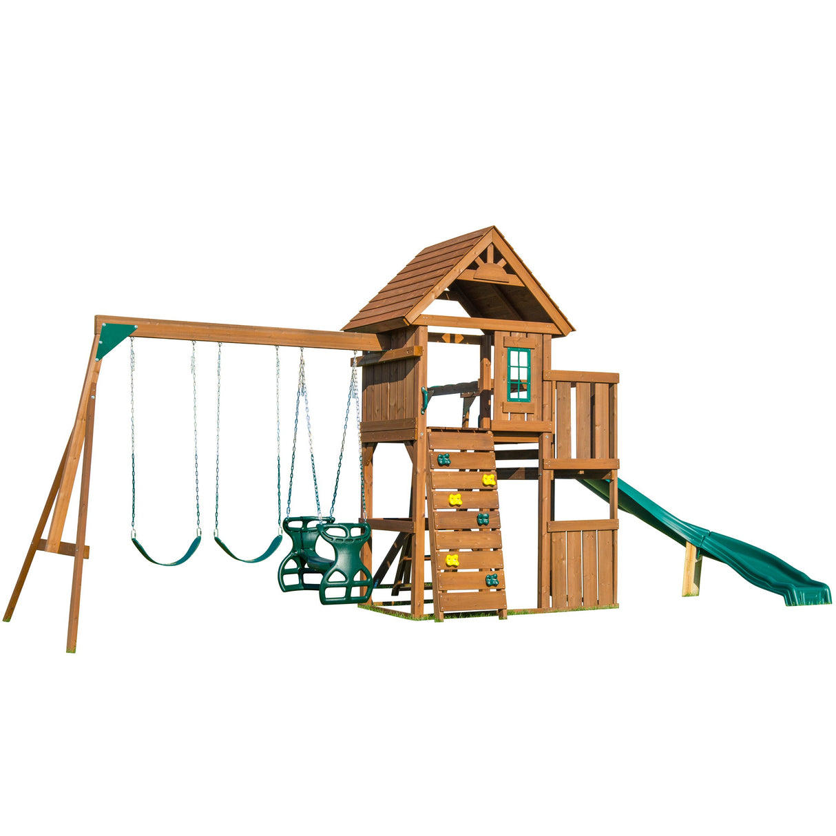 Swing-N-Slide PB 8272 Cedar Brook Wooden Swing Set Play Set with Two Swings, Slide, Monkey Bars, Picnic Table & Glider, Green Swing-N-Slide