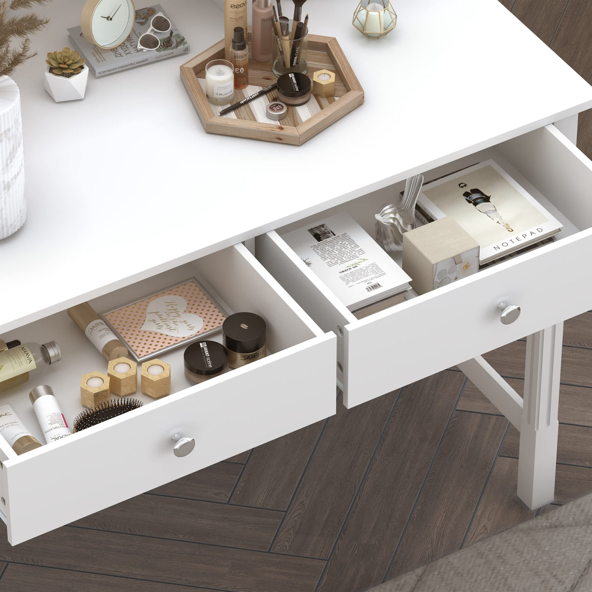 WiberWi Computer Desk with Drawers and Hutch, 43.3 inch White Home Office Desks Small Makeup Vanity Desk Table with Storage for Small Spaces Bedroom, Writing Desk Study Table WiberWi