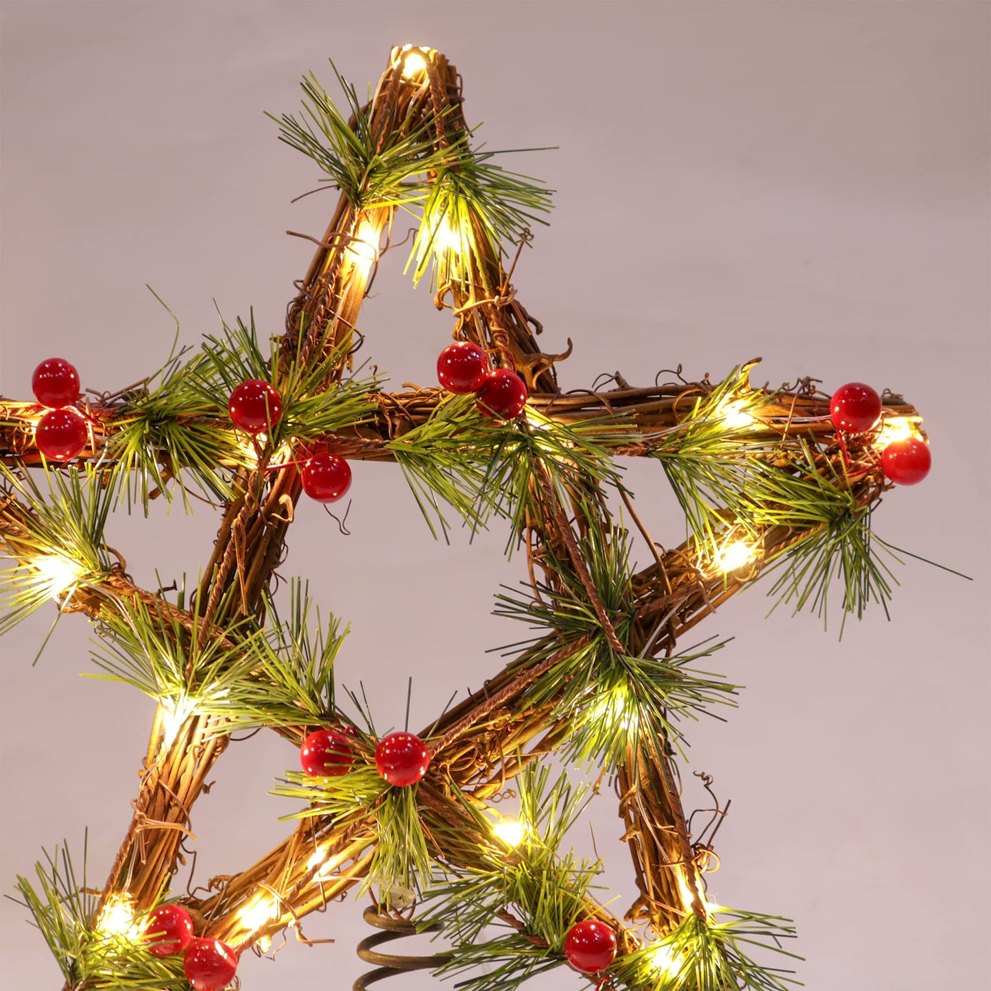 Lotus Hills Christmas Tree Topper Lighted, 12" Star Tree Topper with Red Berry and Pine Needle, Battery Operated Christmas Tree Star Topper, Christmas Star Tree Topper with Timing Battery Case