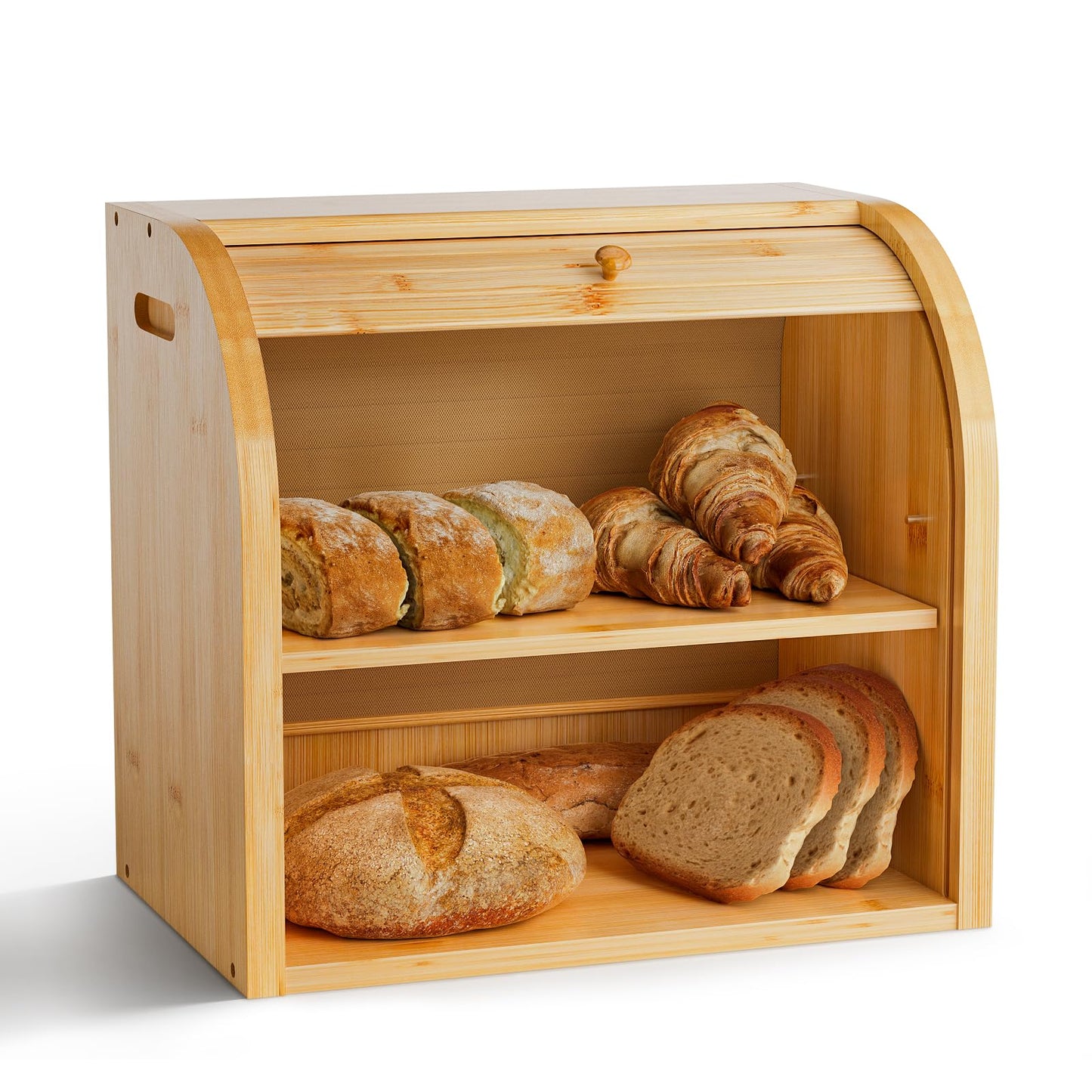 Merysen 2 Tier Bamboo Bread Box for Kitchen Countertop–Bread Storage Holder, Large Capacity Bread Storage Container, with Removable Layer for Home Storage and Display (Self-assembly)