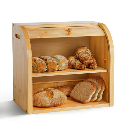 Merysen 2 Tier Bamboo Bread Box for Kitchen Countertop–Bread Storage Holder, Large Capacity Bread Storage Container, with Removable Layer for Home Storage and Display (Self-assembly) - WoodArtSupply