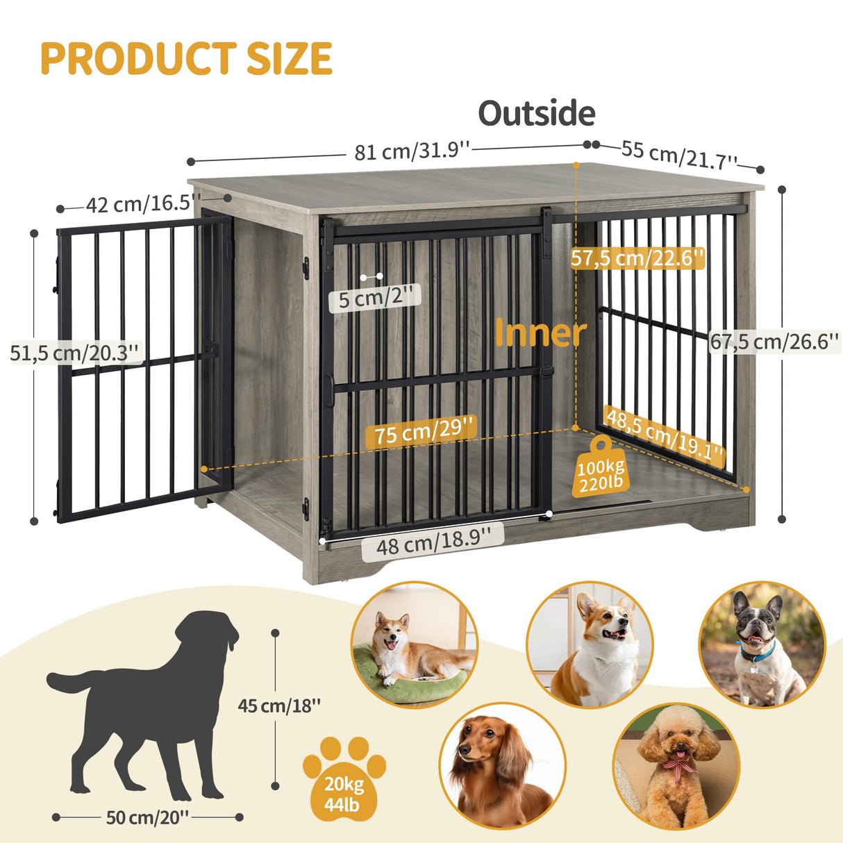 Hzuaneri Dog Crate Furniture, 32" Double Door Dog Crate with Barn Door, Dog Kennel Indoor, End Side Table Wooden Dog Crate for Small Medium Large Dog, Anti-Chew Anti-Escape, Greige Black DFC83605B Hzuaneri
