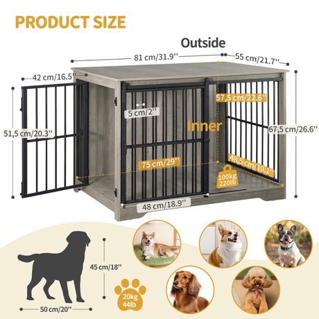Hzuaneri Dog Crate Furniture, 32" Double Door Dog Crate with Barn Door, Dog Kennel Indoor, End Side Table Wooden Dog Crate for Small Medium Large Dog, Anti-Chew Anti-Escape, Greige Black DFC83605B Hzuaneri