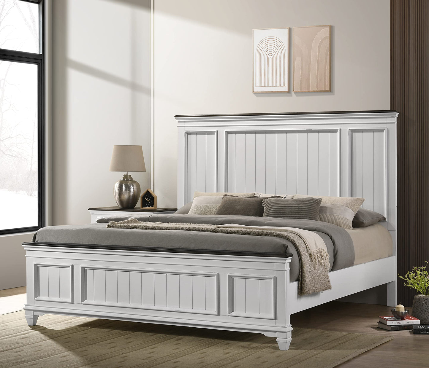 Roundhill Furniture Clelane Shiplap Wood Panel Bed, King, Weathered White and Walnut - WoodArtSupply