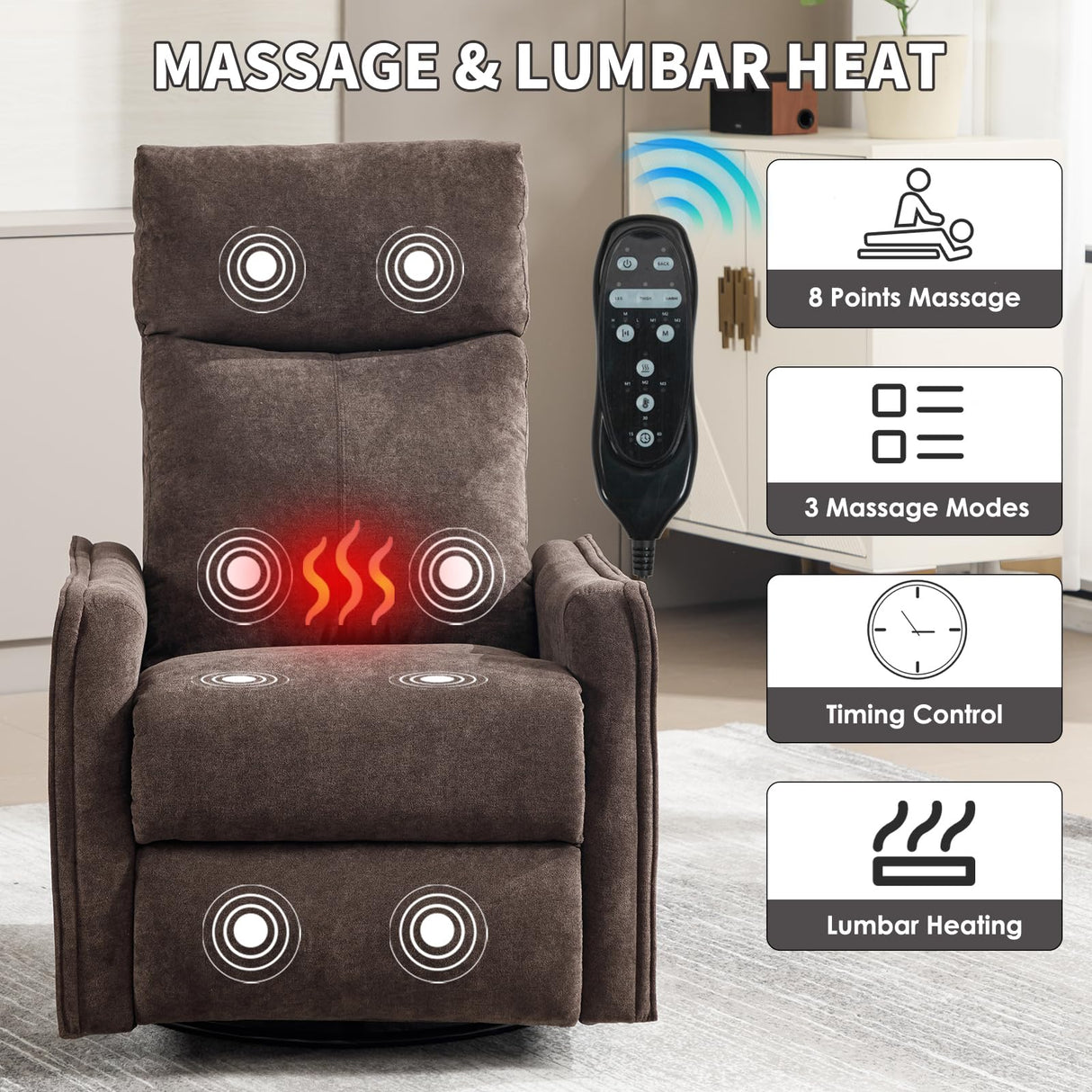 Trustyue Swivel Rocker Recliner Chair, 360° Swivel Recliner with Heat and Massage, Rocker Recliner Easy to Clean Nursery Glider Recliner Chair with Side Pockets for Living Room Brown Trustyue