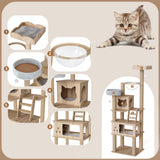 Mondeer Wood Cat Tree for Indoor Cats, 72" Tall Cat Tower for Large Cat with Scratching Post Condos Perches and Capsule Nest Modern (Beige) Mondeer