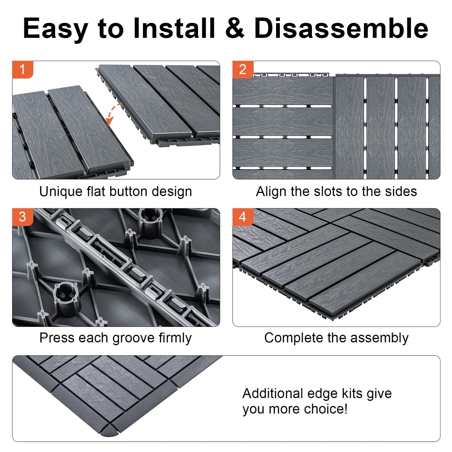 Toemics 6 Pack Interlocking Deck Tiles with 10 Transition Edge Kits 11.8"x11.8" Patio Floor Tiles Waterproof Outdoor Flooring Pallets Covering for Backyard, Shed, Basement, Dark Grey