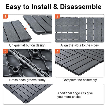 Toemics 6 Pack Interlocking Deck Tiles with 10 Transition Edge Kits 11.8"x11.8" Patio Floor Tiles Waterproof Outdoor Flooring Pallets Covering for Backyard, Shed, Basement, Dark Grey