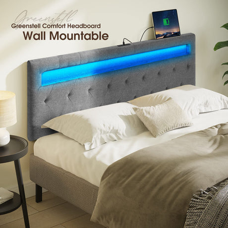 GREENSTELL Queen Size Adjustable LED Headboard with USB & Type C Ports - Gray Wall-Mounted Design GREENSTELL