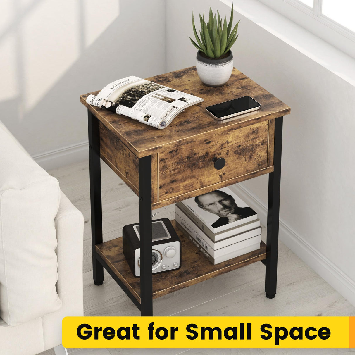 Night Stand Set of 2, Bedside Table with Drawers, Modern End Side Table with Storage Shelves, Versatile Nightstands for Bedroom Living Room Sofa Couch, Wood Metal Bedroom Furniture, Rustic Brown CALERTAIN