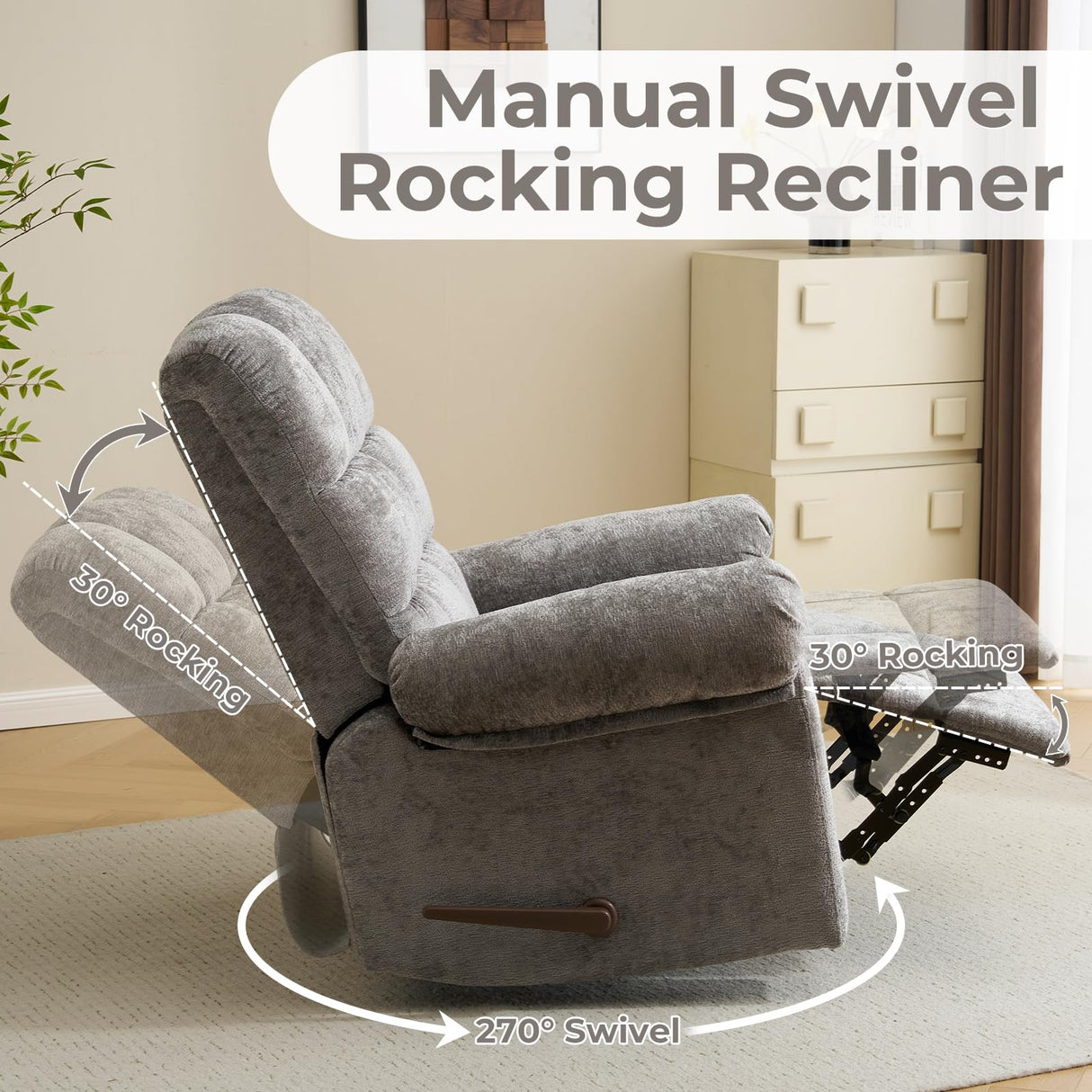 Rhevoy Swivel Rocker Recliner Chair with Heat and Massage, 26" Wide Oversized Rocker Recliner with Overstuffed Backrest,Swivel Glider Recliner for Living Room,Grey Rhevoy