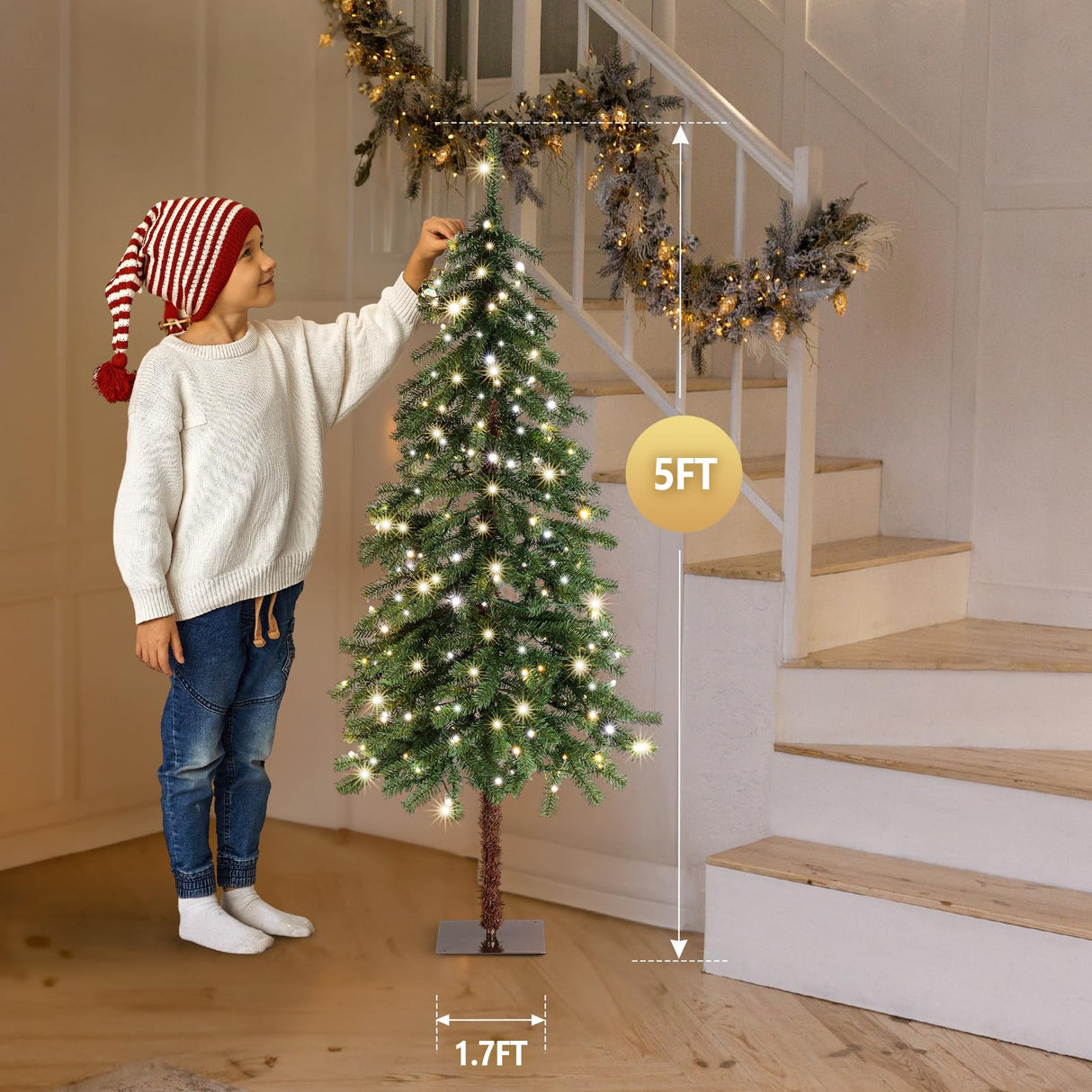 VINGLI 5ft Pre-lit Artificial Christmas Tree with Warm White LED Light, Slim Xmas Tree with 230 Realistic Branch Tips for Home, Office, Party Decoration Indoor Outdoor VINGLI