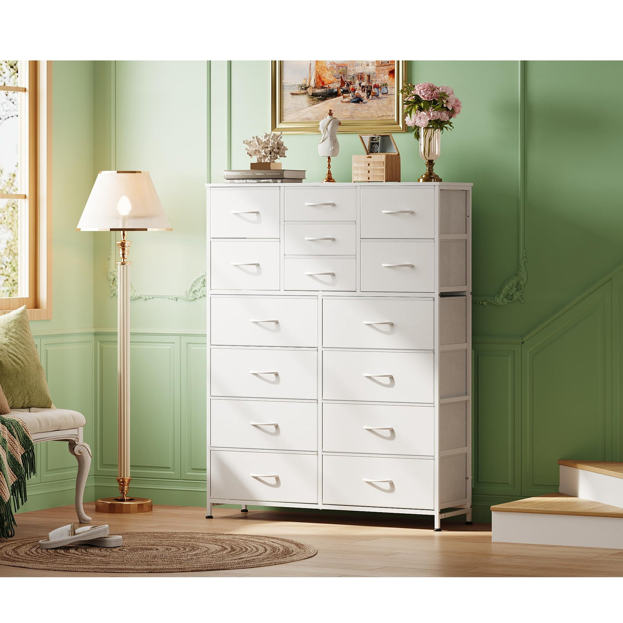 WLIVE Tall White Dresser for Bedroom Furniture, Fabric Dressers Storage Tower with 15 Deep Drawers, Dresser for Closet, Hallway, Entryway, Office, Storage Tower with Cabinet, Metal Frame, Wooden Top WLIVE