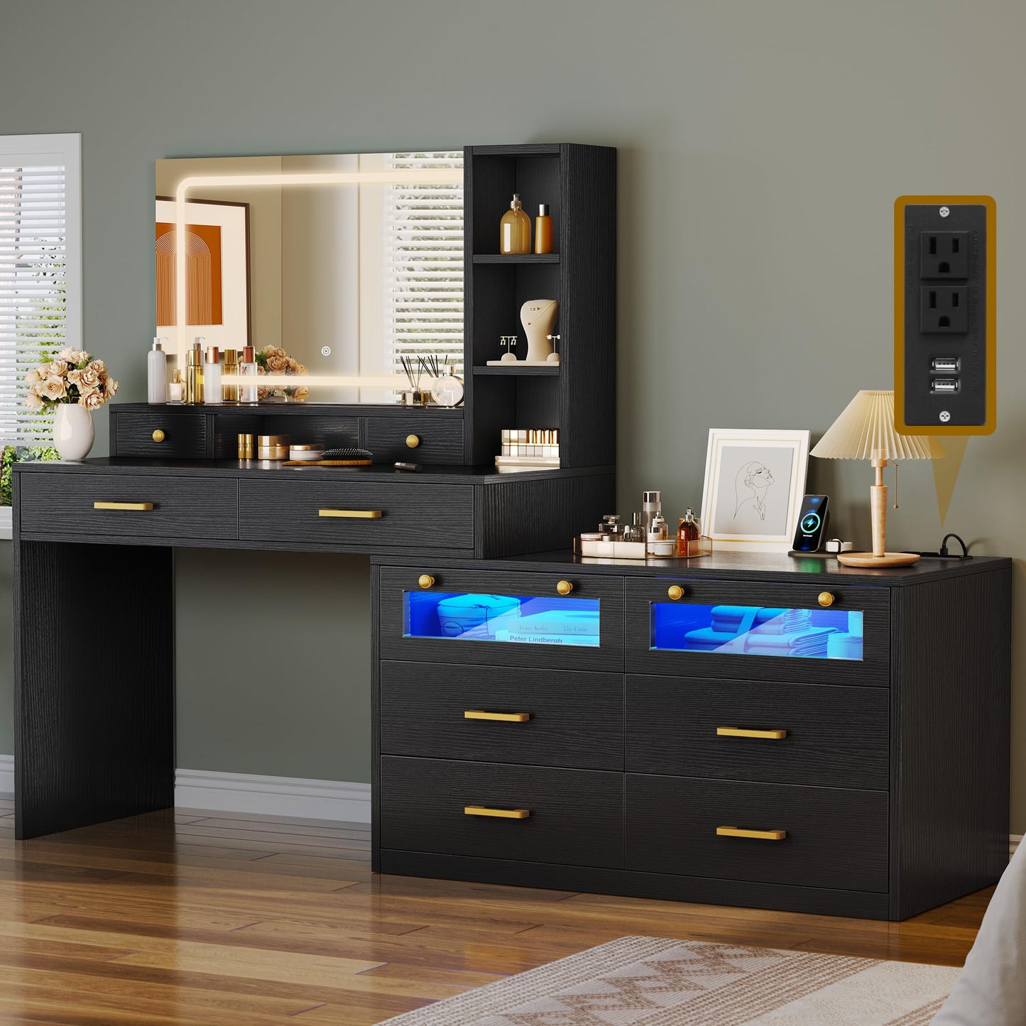 DWVO Large Vanity Desk with Mirror - RGB LED and Charging Station, Make up Vanity Mirror with 3 Lights Mode and Brightness Adjusted, Large Storage Space-10 Drawers, 3 Open Shelves, Dark Black