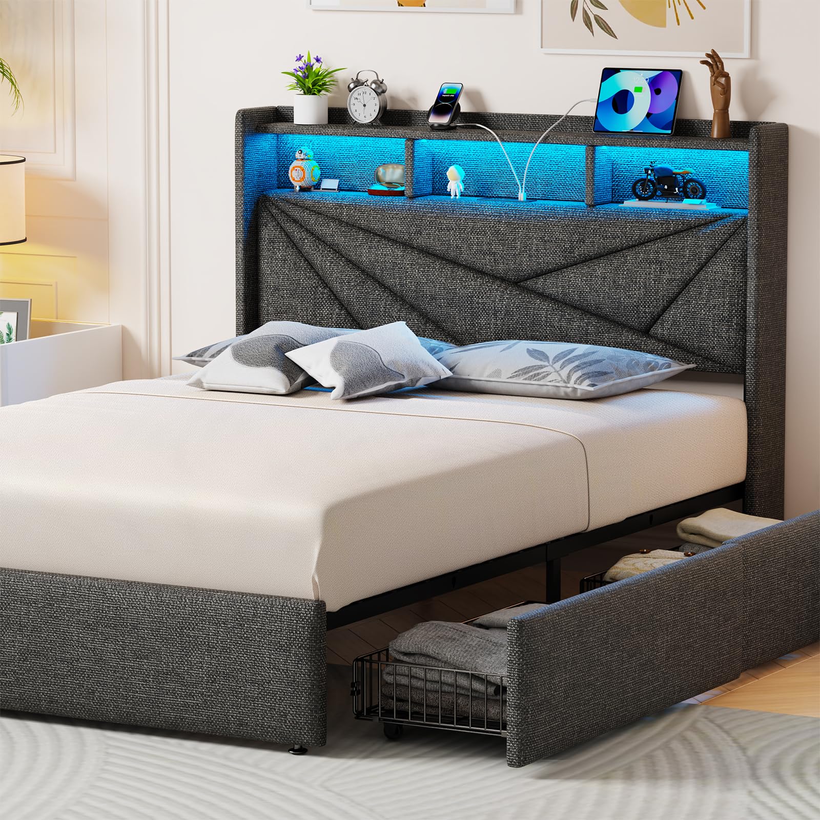 Driftalia Upholstered King Size Bed Frame with LED Lights, Charging Station, and 4 Storage Drawers - Dark Grey - WoodArtSupply