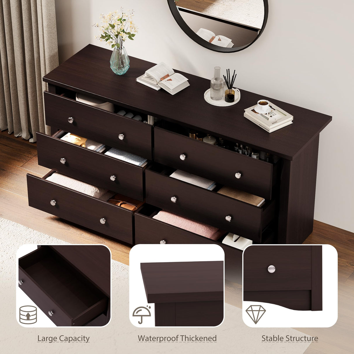 YESHOMY Dresser for Bedroom, 6 Drawer Dressers, Wide Modern TV Stand with Drawers, Hallway Entryway, Office (Brown) YESHOMY
