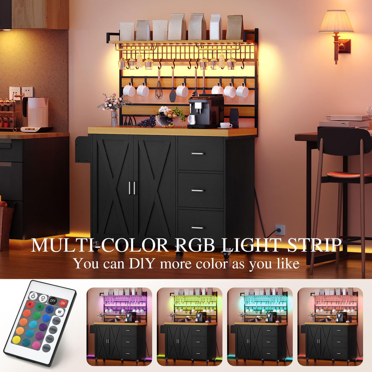 DWVO 53 inch Bakers Rack with Power Outlet and Storage, Farmhouse Coffee Bar Cabinet on Wheels, Microwave Stand Kitchen Cabinet with Hutch, LED Lights, Wine Glass Holder and 14 Hooks, Black DWVO