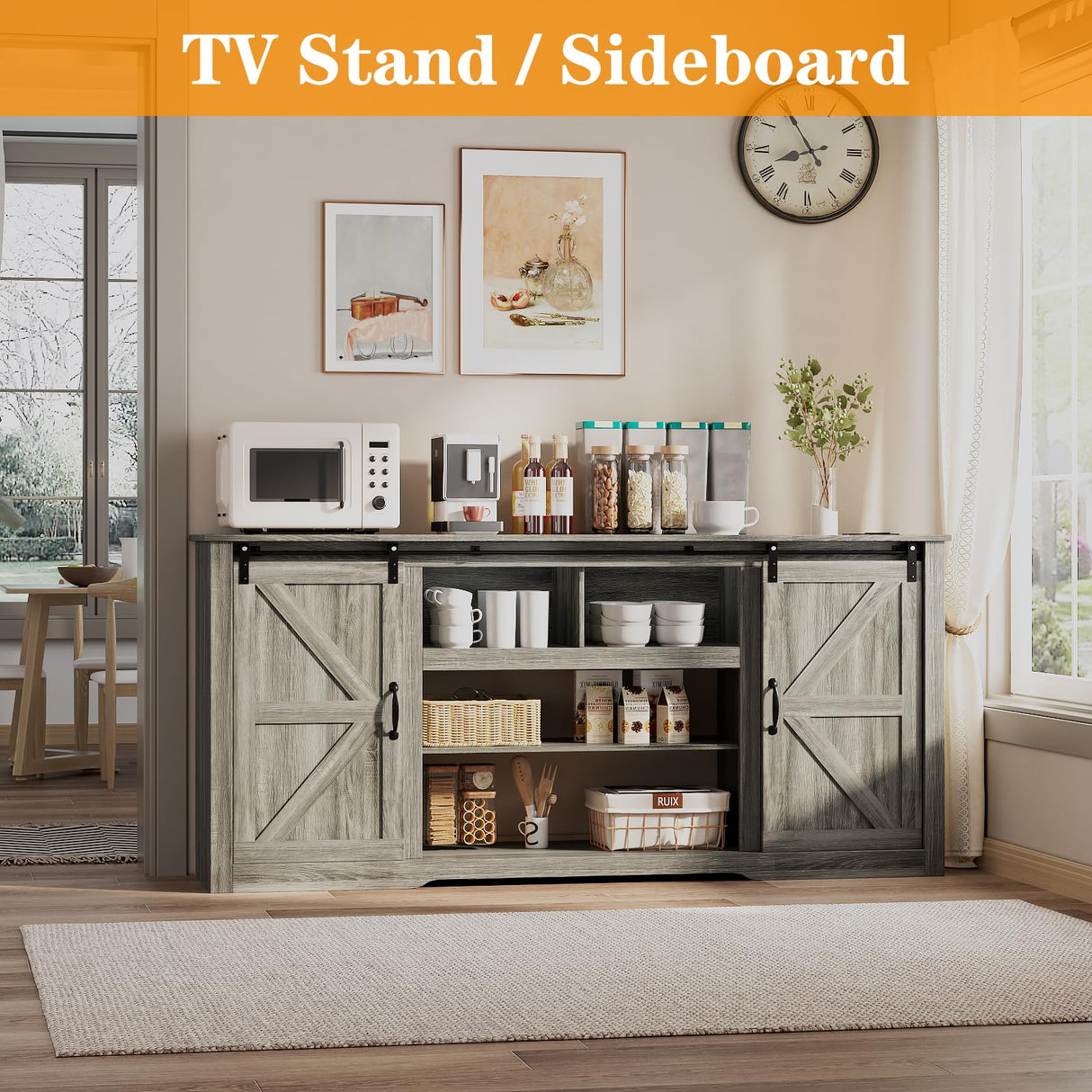 GarveeHome 70" Farmhouse TV Stands for 80" TVs, Rustic Wooden Entertainment Center with Adjustable Shelves & Sliding Barn Door, TV Console Table with Open Storage for Home, Dark Grey GarveeHome
