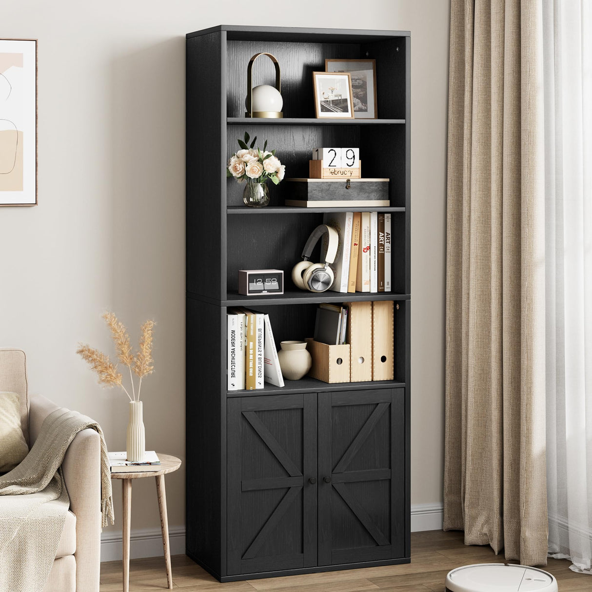 GarveeHome Farmhouse Bookcase with Doors 11.8in Depth Display Storage Shelves 71.4in Tall Industrial Bookshelf Wooden 6 Shelf Bookshelves for Bedroom, Living Room, Home Office (Black) GarveeHome