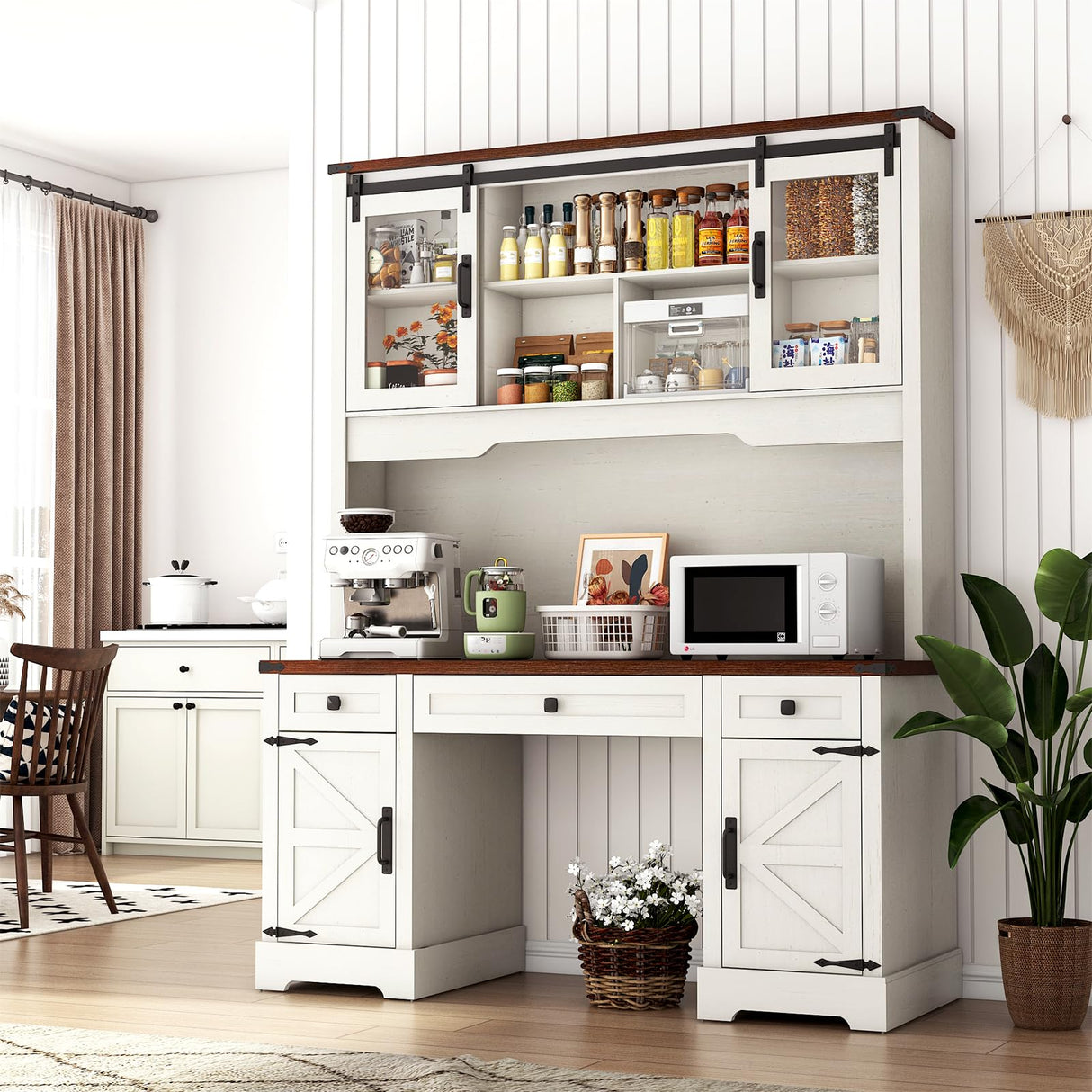 Hlivelood 76" Height Farmhouse Desk with Sliding Door Hutch, Wood Office Executive Workstation Computer Desk with Charging Station, Drawers and Storage Cabinet, for Work, Sturdy, Game, Rustic White Hlivelood