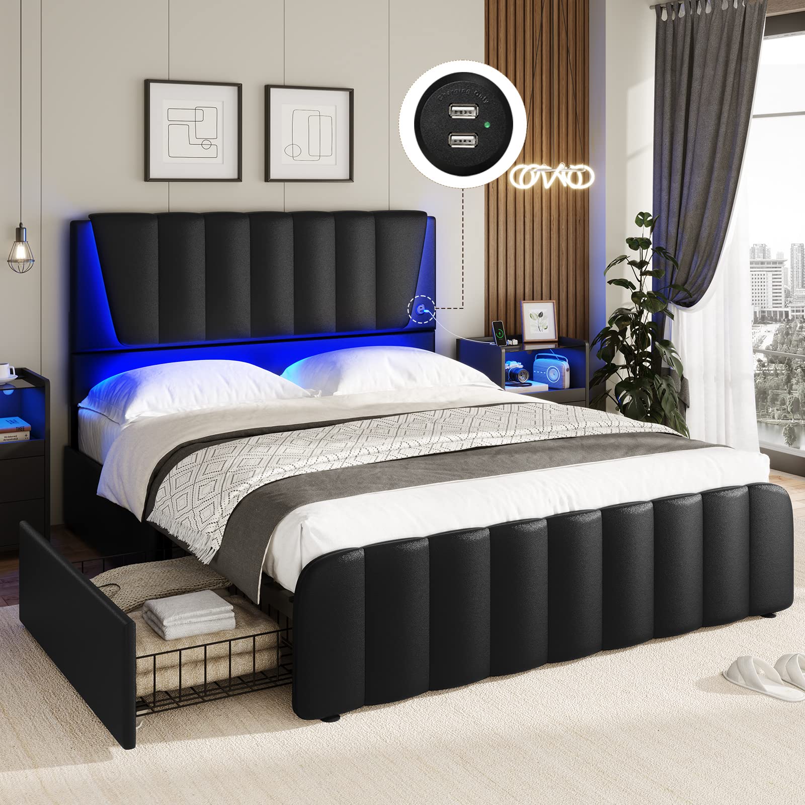 AOGLLATI Queen Bed Frame with Headboard, LED Lights, 4 Storage Drawers & USB Ports - WoodArtSupply