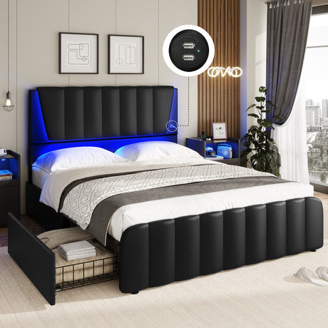 AOGLLATI Full Size Bed Frame with Adjustable Headboard, 4 Storage Drawers, LED Lights & USB Ports AOGLLATI