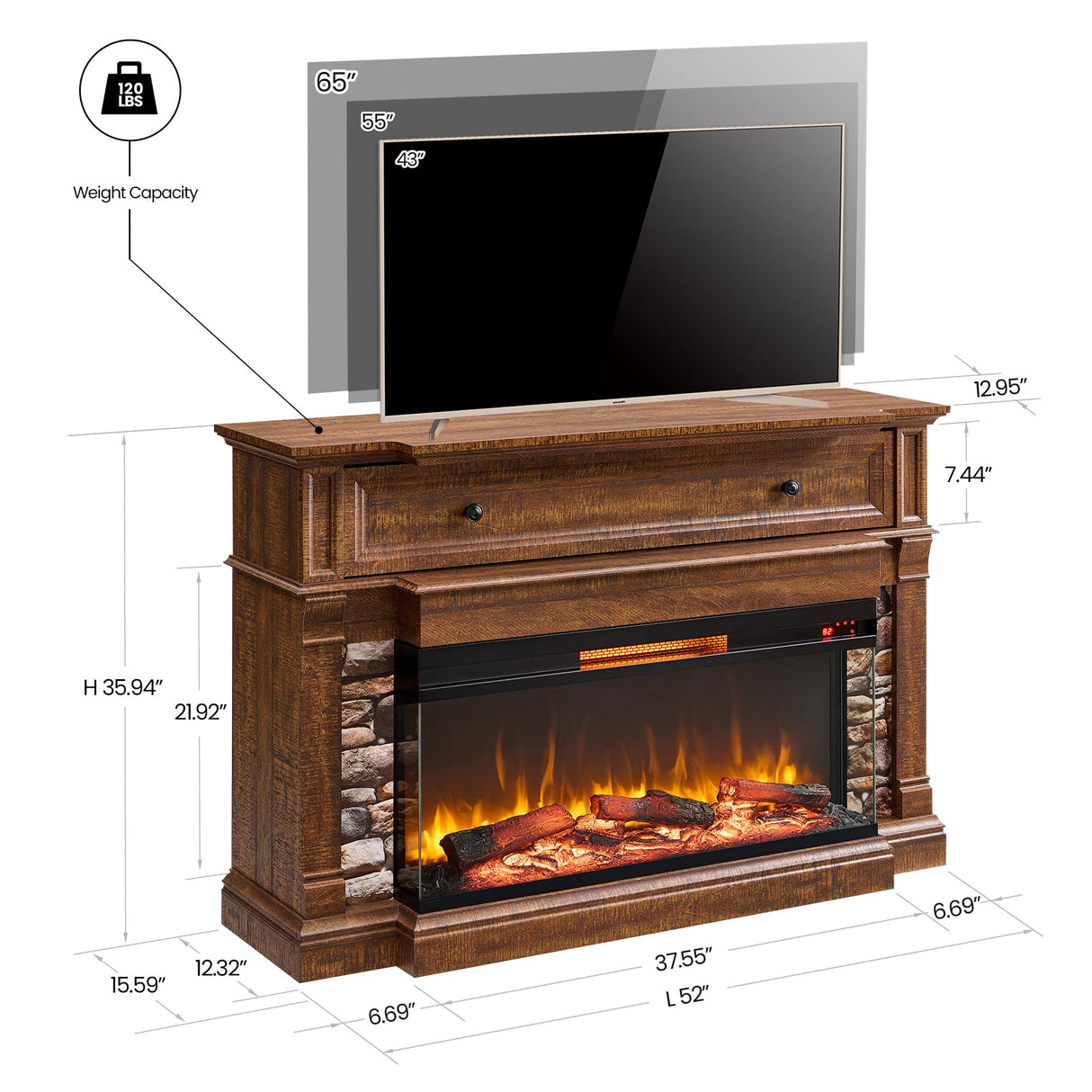 OKD 52" Electric Fireplace with Mantel, Freestanding Fireplace Heater TV Stand with 36" 3-Side Glass Insert for TVs Up to 65" with Storage Cabinet for Living Room, Reclaimed Barnwood OKD