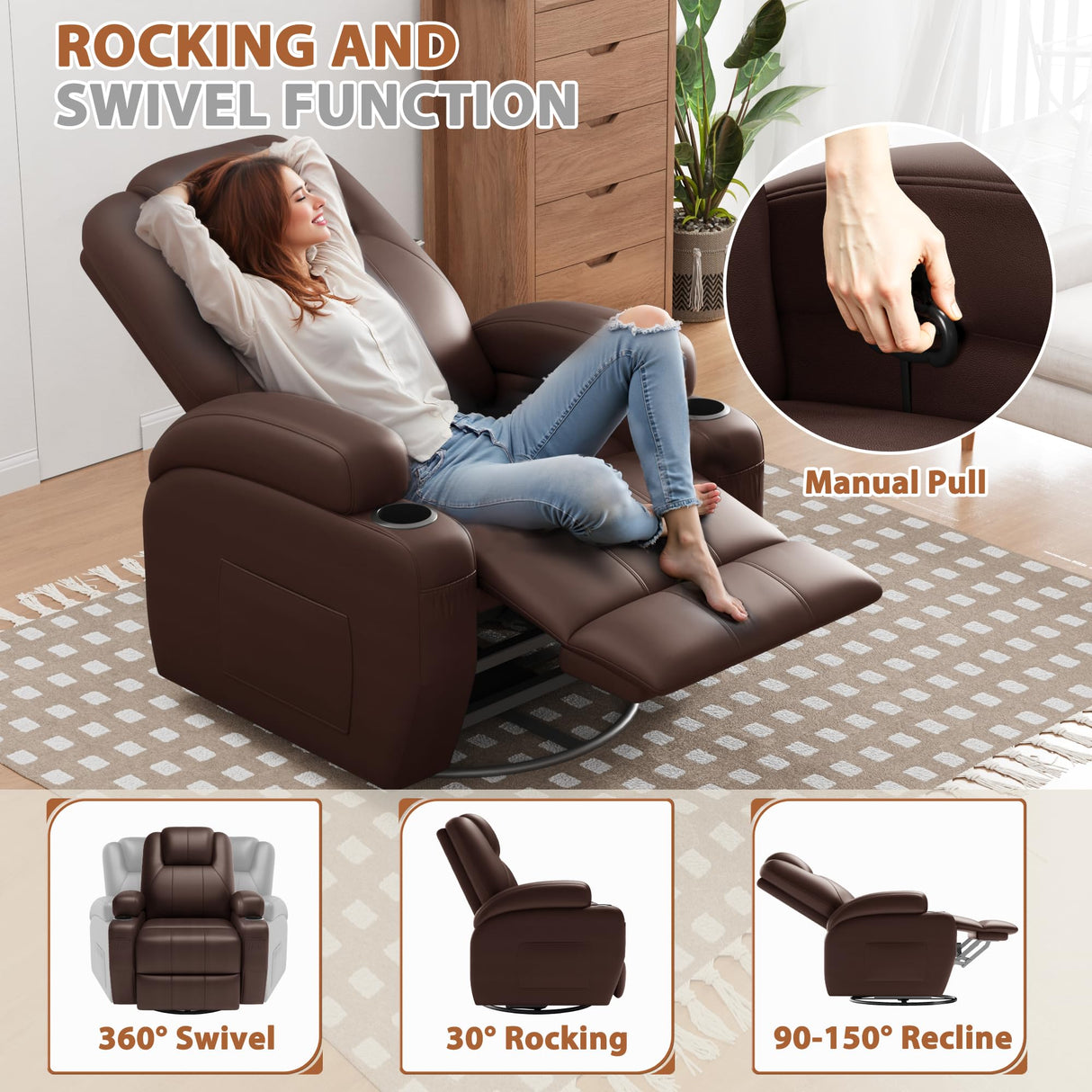 Flamaker Swivel Rocker Recliner Chair with Vibration Massage, 360° Swivel Recliner Chairs for Adults Ergonomic Lounge Chair with Cup Holders Lazy Boy Recliner Single Sofa Seat (Leather, Brown) Flamaker