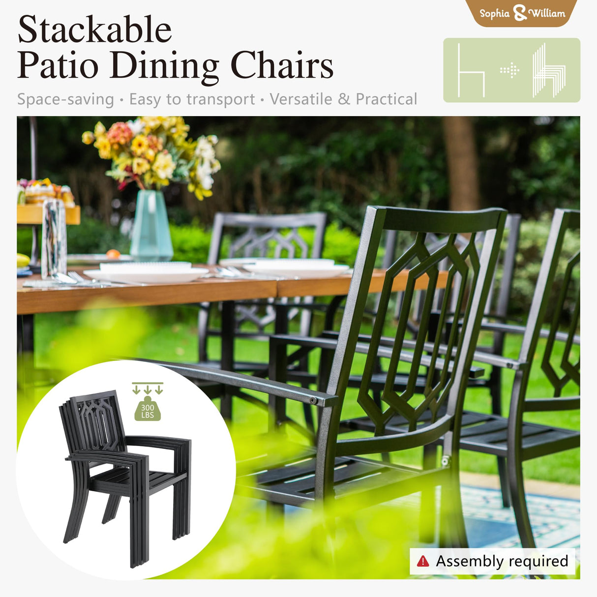 Sophia and William Patio Dining Set for 6 with 13ft Double-Sided Patio Umbrella, 8 Piece Metal Outdoor Table Furniture Set, 6 Outdoor Chairs, 1 Rectangle Dining Table and 1 Large Beige Umbrella Sophia & William