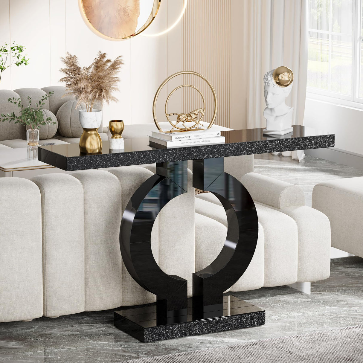Tribesigns Modern Mirrored Console Table, Glass Sofa Table with Mirror Finish, 43-Inch Entryway Table with O-Shaped Base, Rectangular Accent Foyer Table for Living Room Hallway Entrance (Black) Tribesigns