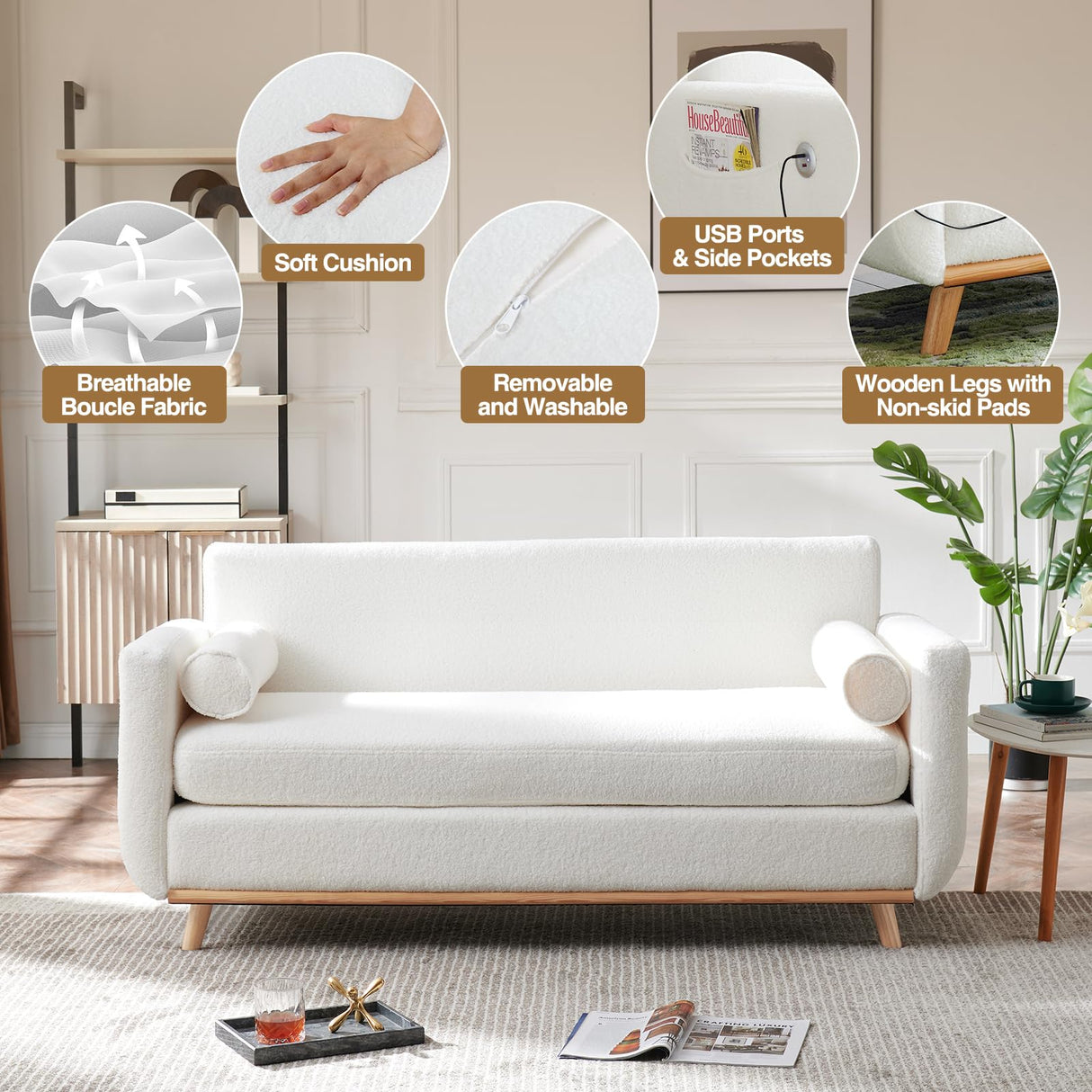 63" W Loveseat Sofa,White Boucle Couch with LED Lights and USB Ports Modern Fluffy Love Seat Couches 2 Seater Comfy All-Wood Washable Covers Sofa Furniture for Bedroom Living Room Small Space Office FiveWillowise