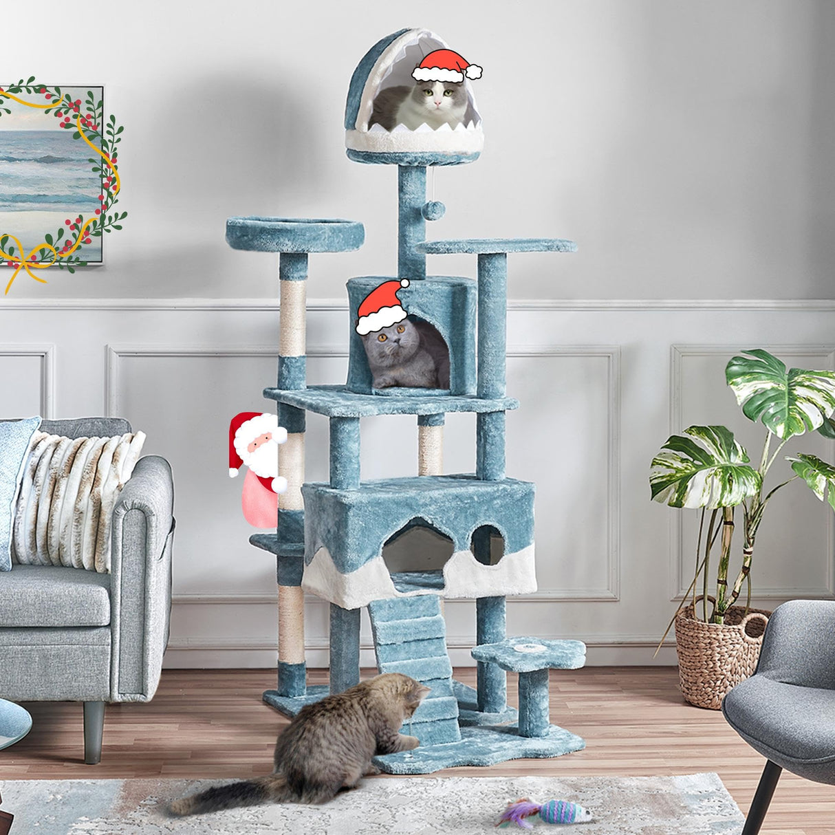 Yaheetech Cat Tree, 72.5inch Ocean-Themed Cat Tree Tower, Multi-Level Large Cat Tree for Indoor Cats with Shark's Mouth Bed & 2 Big Condos & 2 Wide Perches & Funny Toys, Blue & White Yaheetech