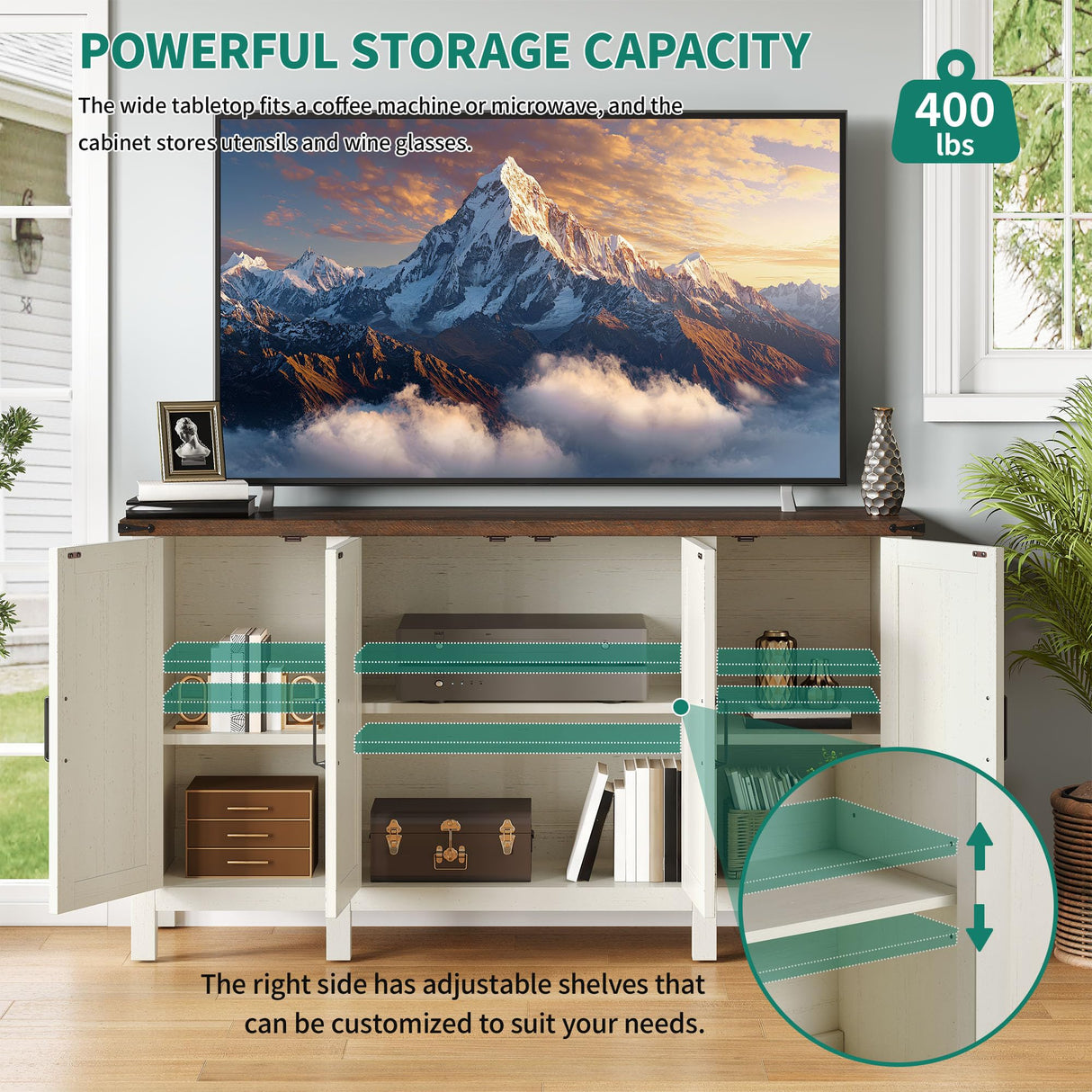 YITAHOME Farmhouse Sideboard Buffet Cabinet with Storage, 59" Kitchen Storage Cabinet with Adjustable Shelves for Living Room, Entryway, Rustic White YITAHOME