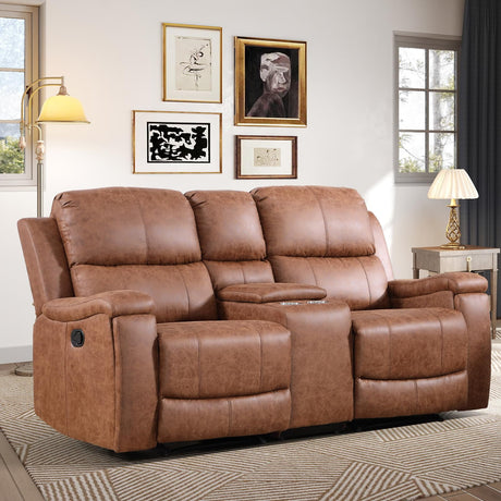 CANMOV Manual Reclining Loveseat with Console,Faux Leather Double Recliner Loveseat Sofa with Hidden Storage and Cup Holders,Manual Recliner Loveseat Couch Set for Living Room,Brown CANMOV