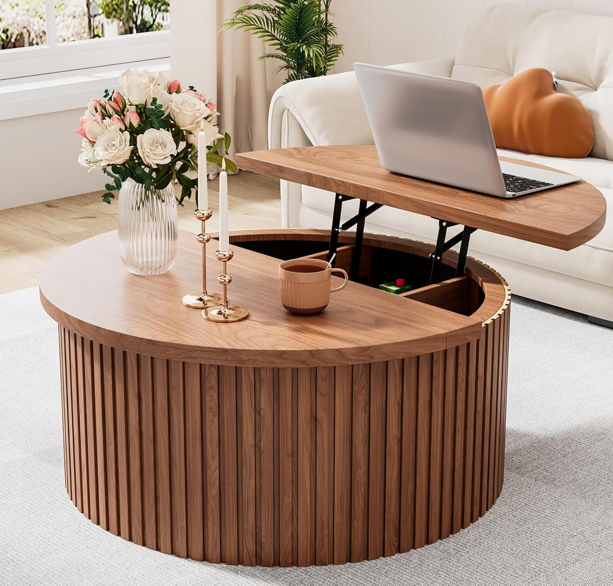 Fsbecl Fluted Lift Top Coffee Table with Hidden Storage, 31.6 Inch Round Coffee Tables for Living Room, Circle Wood Center Tables for Home (Walnut) Fsbecl