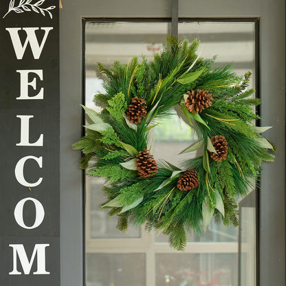 Winter Wreaths for Front Door, Soomeir Evergreen Christmas Wreath with Pine Cones Needles and Leaves, Year Round Decorations for Wall Windows Mantle Indoor Outdoor