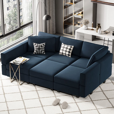 Belffin Modular Velvet Sectional Sofa with Chaise Lounge Sectional Sleeper Sofa with Storage Chaise Bed Couch for Living Room Blue Belffin