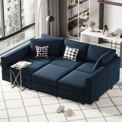 Belffin Modular Velvet Sectional Sofa with Chaise Lounge Sectional Sleeper Sofa with Storage Chaise Bed Couch for Living Room Blue