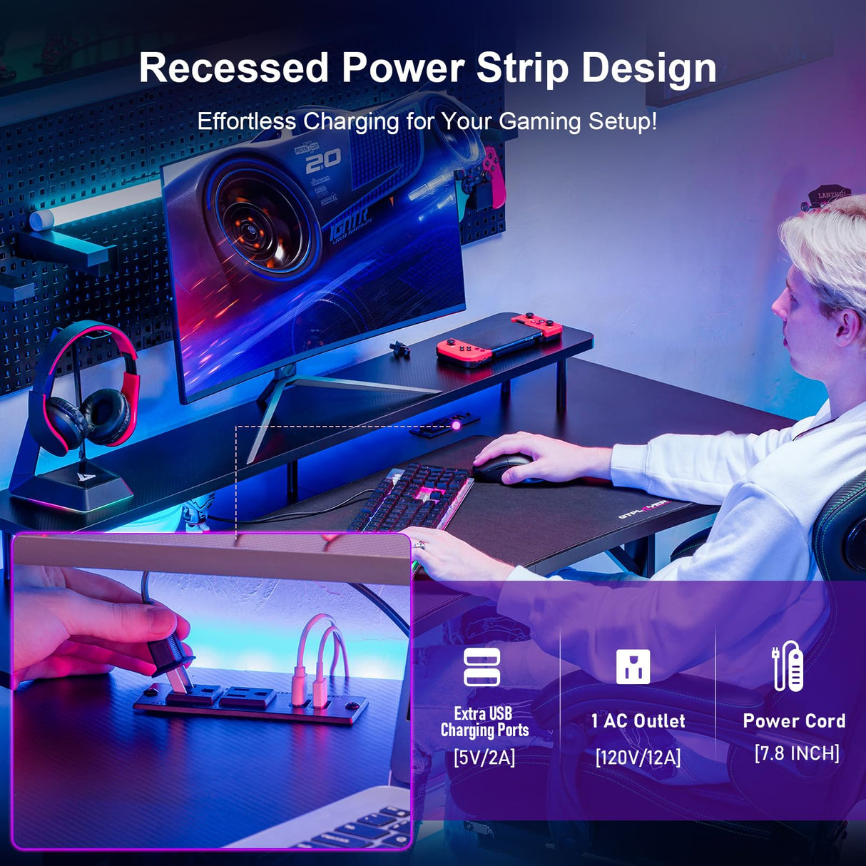 GTRACING 55 Inch Gaming Desk, Computer Gamer Desk with Monitor Stand, Ergonomic Carbon Fiber Surface Gaming Table with Power Outlet and Mouse Pad for Home Office, Colorful GTRACING